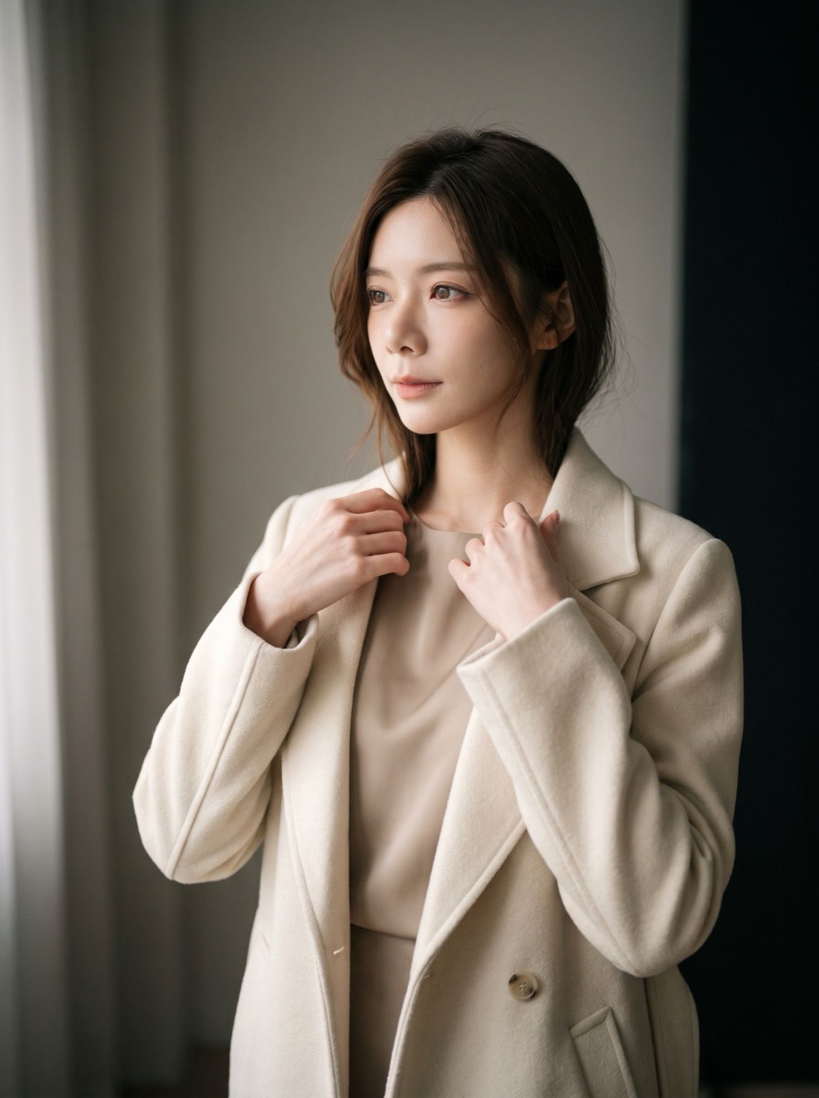 A licensed model in a styled editorial look under soft studio light, generated in FORMÉ.